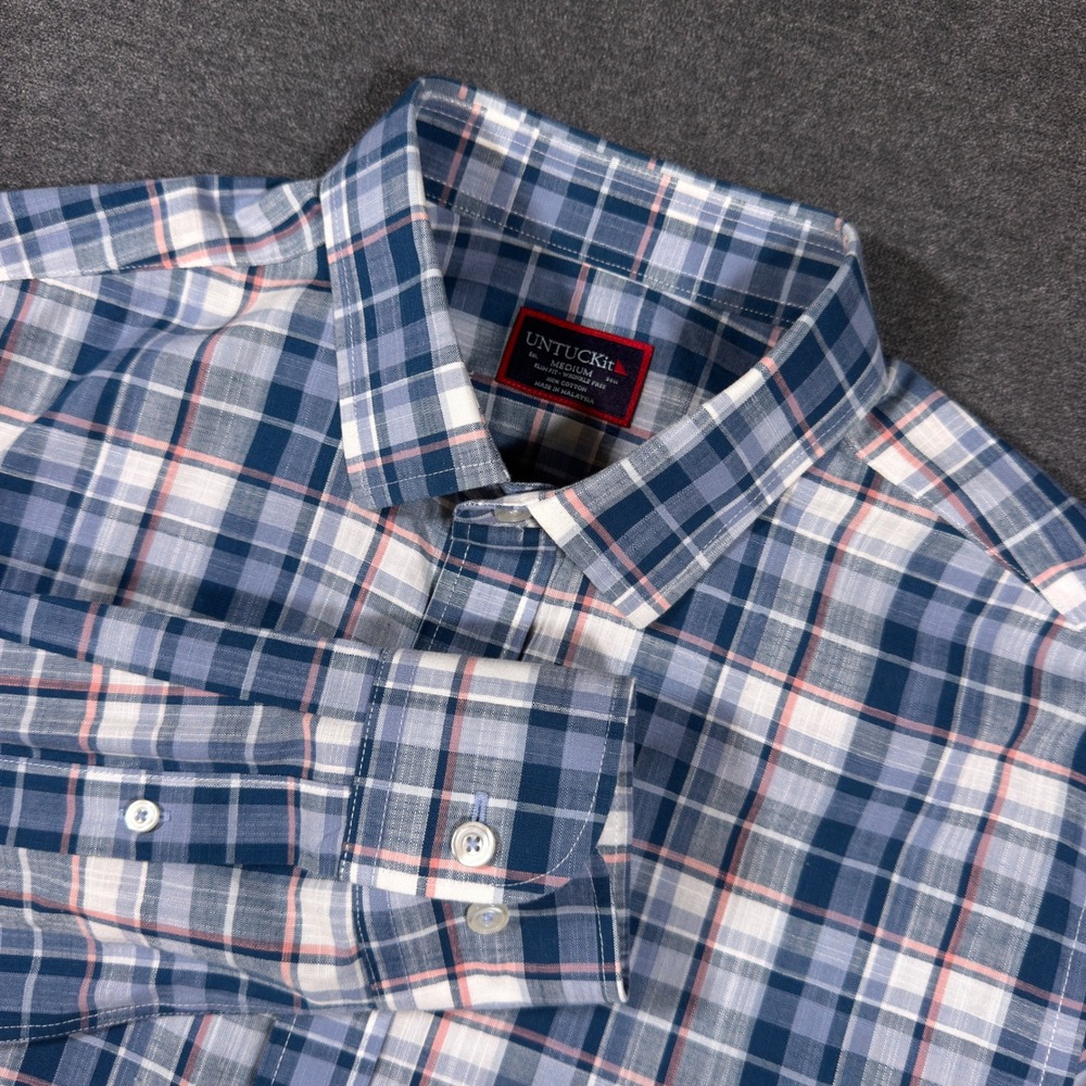 UNTUCKit Button Down Shirt Mens Medium Blue Plaid Slim Fit Wrinkle Free Cotton
